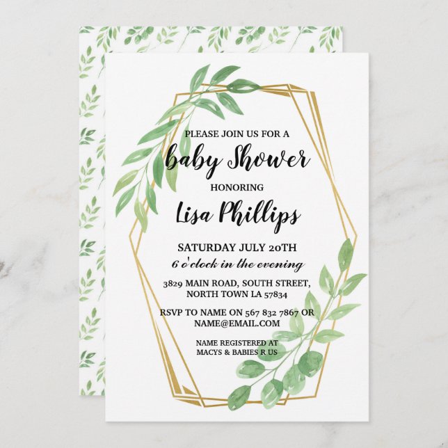 Baby Invite Shower Summer Gold Leaves Party (Front/Back)