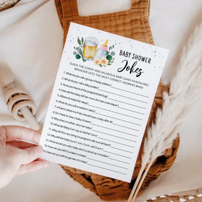 Baby Is Brewing Baby Shower Jokes Game with Answer Invitation (Beer and Floral Baby is Brewing Baby Shower Jokes Game Card)
