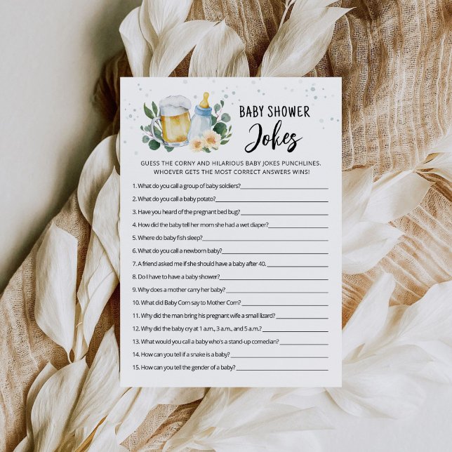 Baby Is Brewing Baby Shower Jokes Game with Answer Invitation (Beer and Floral Baby is Brewing Baby Shower Jokes Game Card)