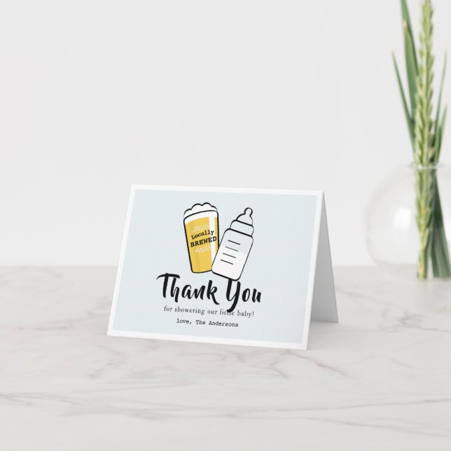 Baby is Brewing Beer Baby Bottle Blue Baby Shower Thank You Card (Front)