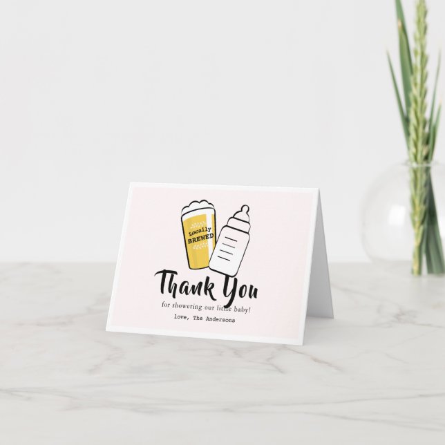 Baby is Brewing Beer Baby Bottle Pink Baby Shower Thank You Card (Front)