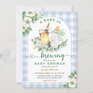 Baby is Brewing Beer Baby Shower Boy Blue Gingham Invitation