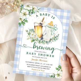 Baby is Brewing Beer Baby Shower Boy Blue Gingham Invitation