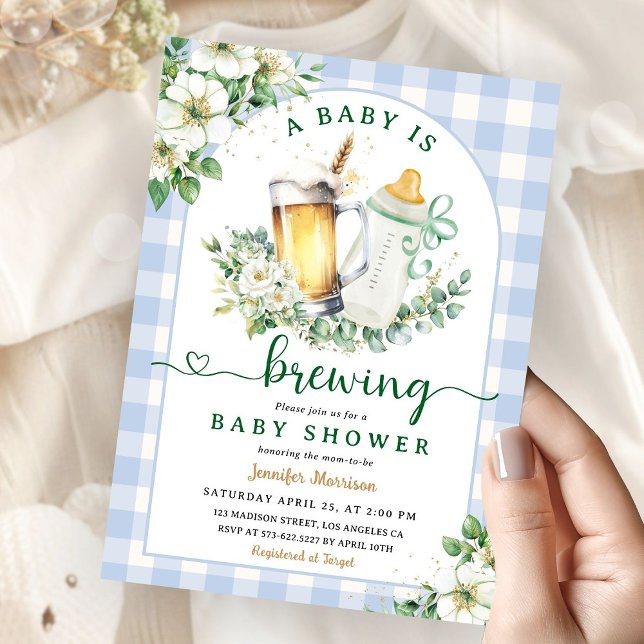 Baby is Brewing Beer Baby Shower Boy Blue Gingham Invitation (Creator Uploaded)