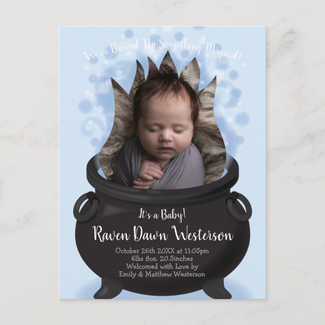 Baby is Brewing Birth Announcement Witch Boy Blue Postcard (Front)