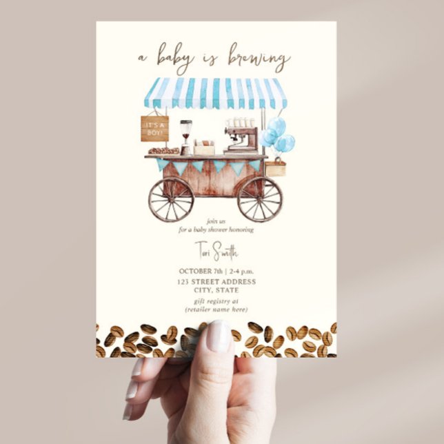 Baby Is Brewing Blue Coffee Cart Boy Baby Shower Invitation (Creator Uploaded)