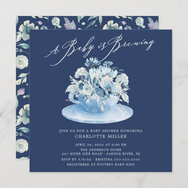 Baby is Brewing Blue Floral Baby Tea Invitation (Front/Back)