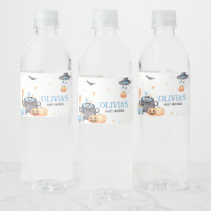 Baby is Brewing Blue Halloween Baby Shower Water Bottle Label