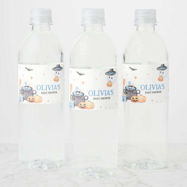 Baby is Brewing Blue Halloween Baby Shower Water Bottle Label (Bottles)