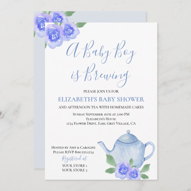 Baby is Brewing Blue Teapot Boy Baby Shower Invitation (Front/Back)