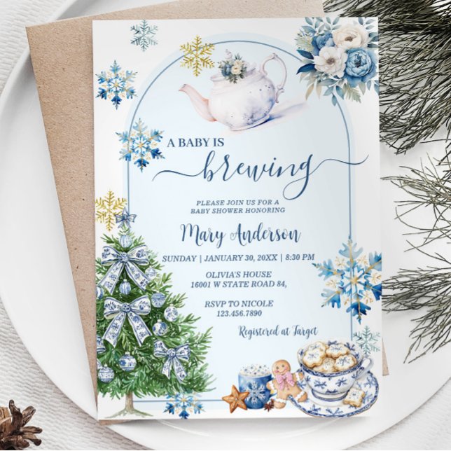 Baby Is Brewing Chinoiserie  Tea Party Baby Shower Invitation (Creator Uploaded)