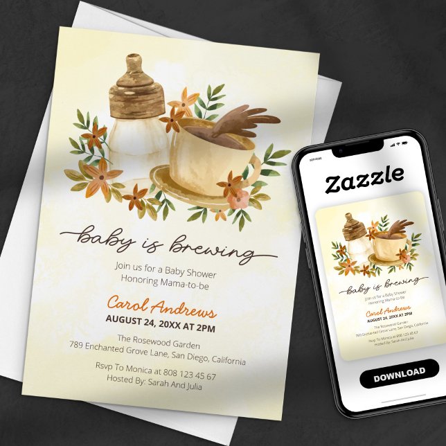 Baby is Brewing Coffee and Baby Bottle Baby Shower Invitation (Creator Uploaded)