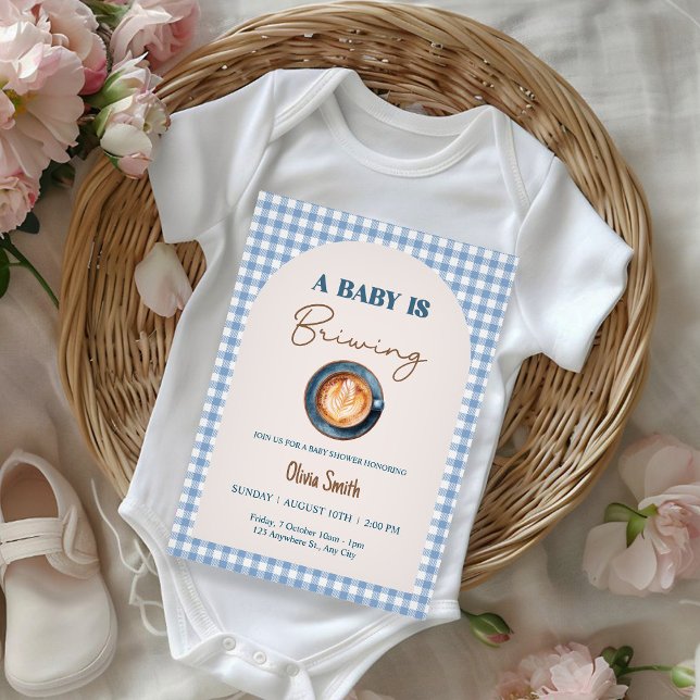Baby is Brewing Coffee Baby Shower Blue Gingham  Invitation (Creator Uploaded)