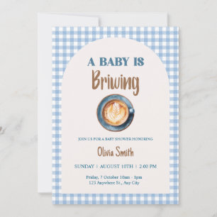Baby is Brewing Coffee Baby Shower Blue Gingham Invitation