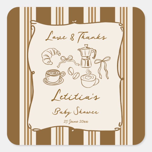 Baby is brewing coffee baby shower favor square sticker (Front)
