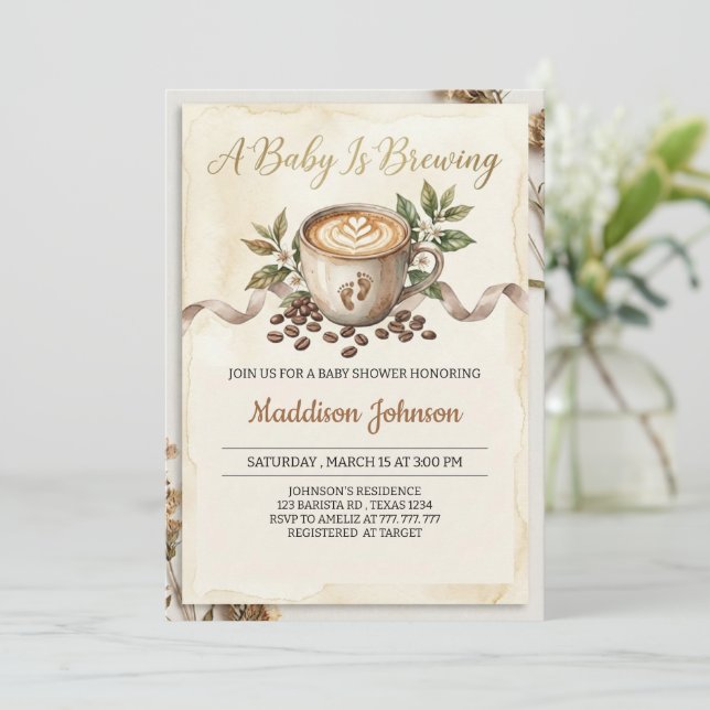 Baby is Brewing Coffee Baby Shower  Invitation (Standing Front)
