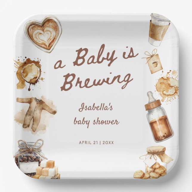 Baby Is Brewing Coffee Brown Baby Shower Paper Plate (Front)