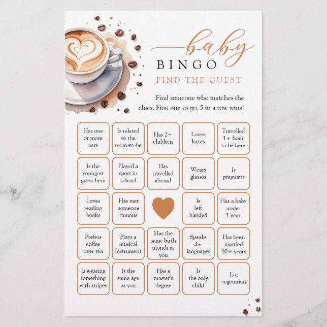 Baby is Brewing Coffee Find the guest Bingo Game (Front)