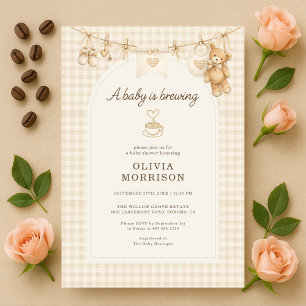 Baby is Brewing Coffee Gingham Baby Shower Invitation