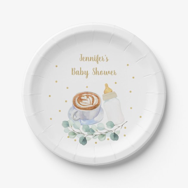Baby Is Brewing Coffee Greenery Baby Shower Paper Plate (Front)