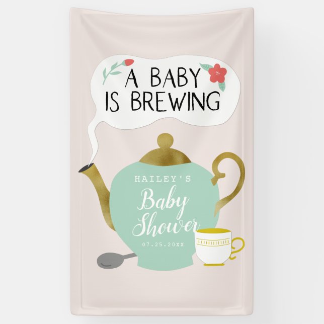 Baby Is Brewing Cute Pink and Green Tea Party Banner (Vertical)