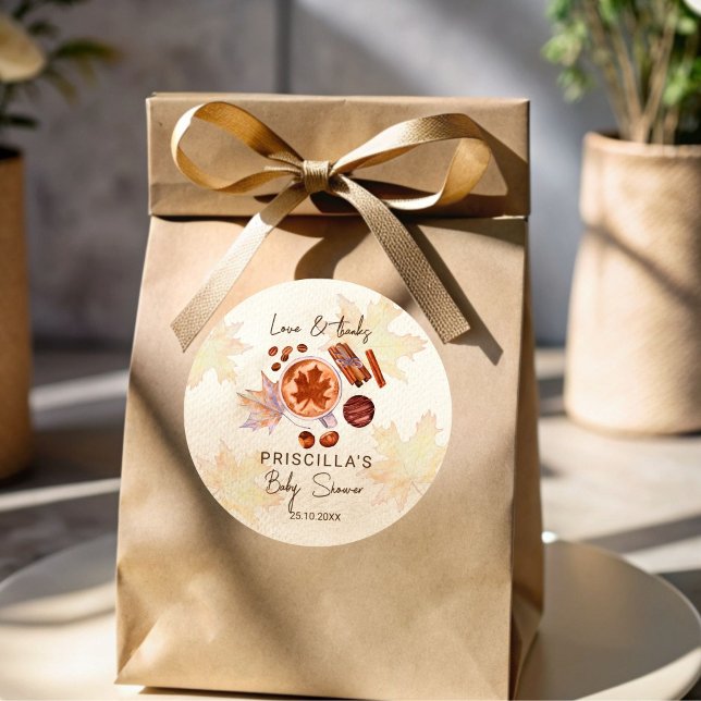 Baby is brewing fall autumn baby shower favour classic round sticker (A Baby is brewing fall autumn coffee baby shower thank you favor sticker baby shower favors)