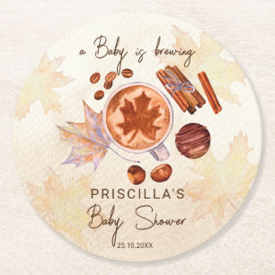 Baby is brewing fall autumn baby shower favours round paper coaster