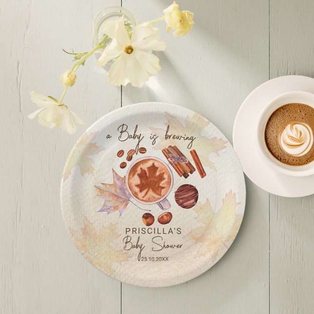 Baby is brewing fall autumn baby shower paper plate (Baby is brewing fall autumn coffee baby shower monogrammed custom paper plates personalized decor )