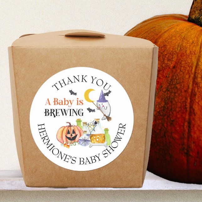 Baby is Brewing Ghost and Potion Thank You Classic Round Sticker (A Baby is Brewing stickers for halloween baby shower or gender reveal)