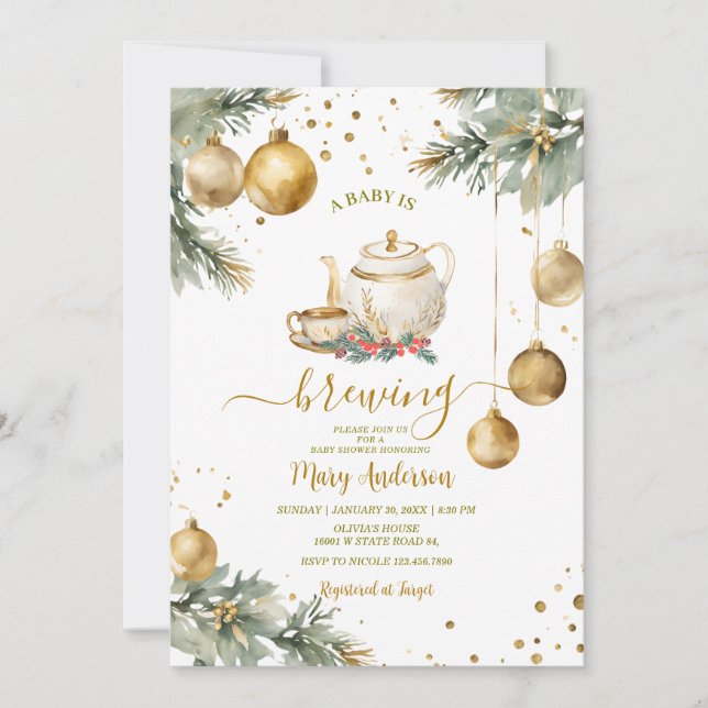 Baby Is Brewing Gold Baubles Christmas Baby Shower Invitation (Front)