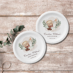 Baby is Brewing greenery Coffee Baby Shower Paper Plate