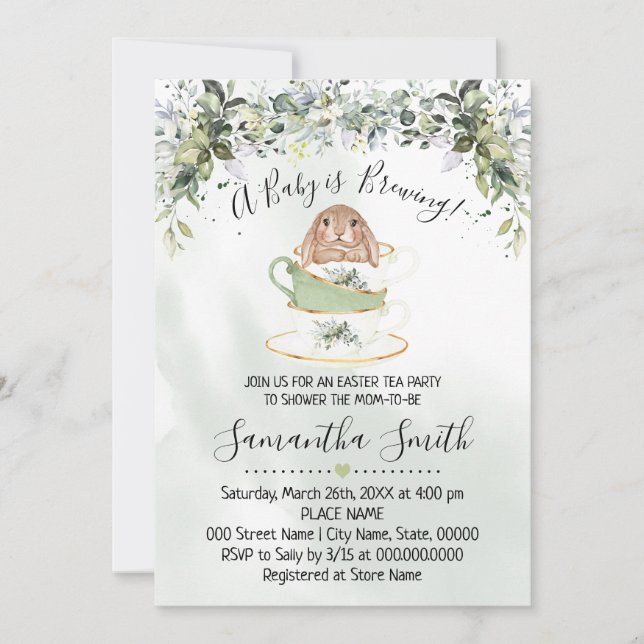 Baby is Brewing Greenery Easter Tea Shower invite (Front)