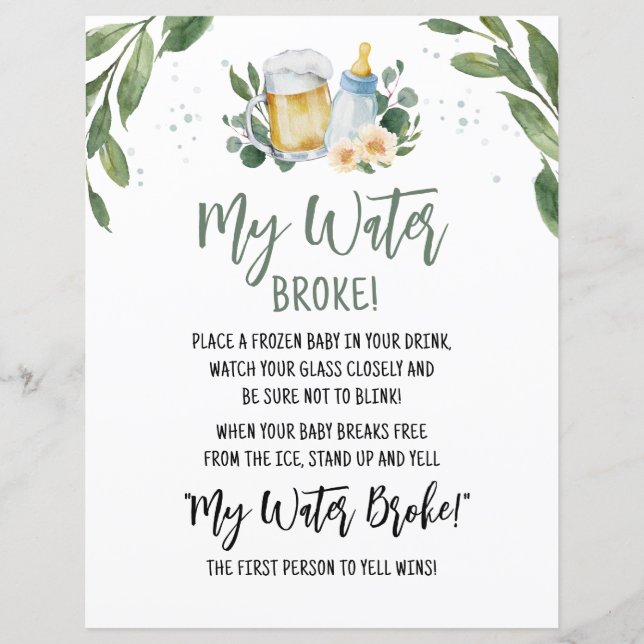 Baby Is Brewing Greenery My Water Broke Game Sign (Front)