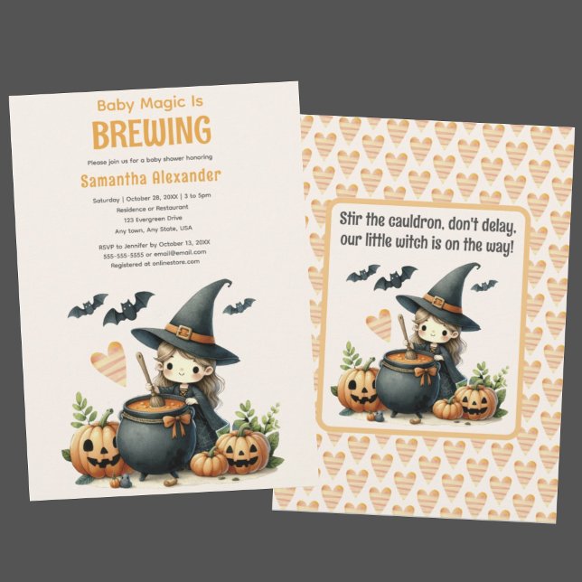 Baby is Brewing Halloween baby shower Invitation (Baby Magic is Brewing Halloween baby shower invitation. Cute witch stirring cauldron. Halloween poem)