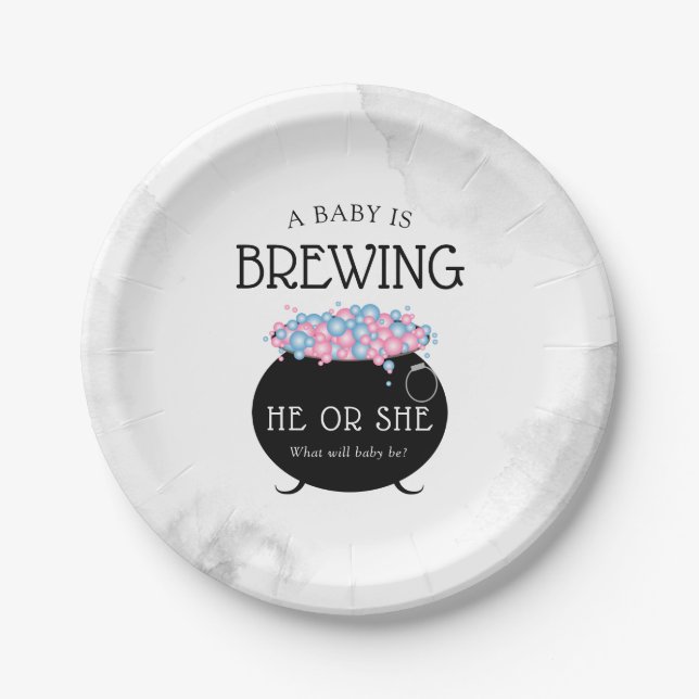 Baby Is Brewing Halloween Gender Reveal Party Paper Plate (Front)