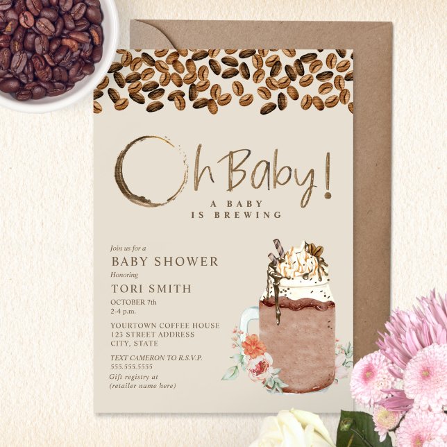 Baby Is Brewing Iced Coffee Floral Oh Baby Shower Invitation (Creator Uploaded)