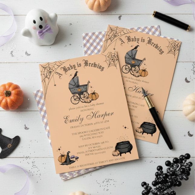 Baby is Brewing Orange Gender Neutral Baby Shower Invitation (Cute Gothic Baby Shower Invitation for Fall. Spooky Vintage Baby Carriage, Raven, Pumpkin, Witch Hat)