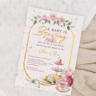 Baby is Brewing Pink Floral Tea Party Baby Shower Invitation