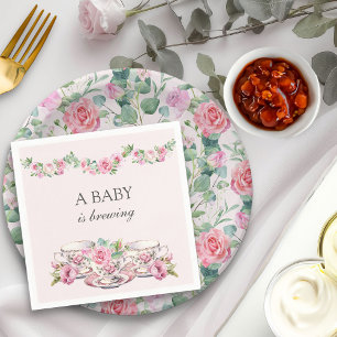 Baby is Brewing Pink Floral Vintage Tea Cups Napkin