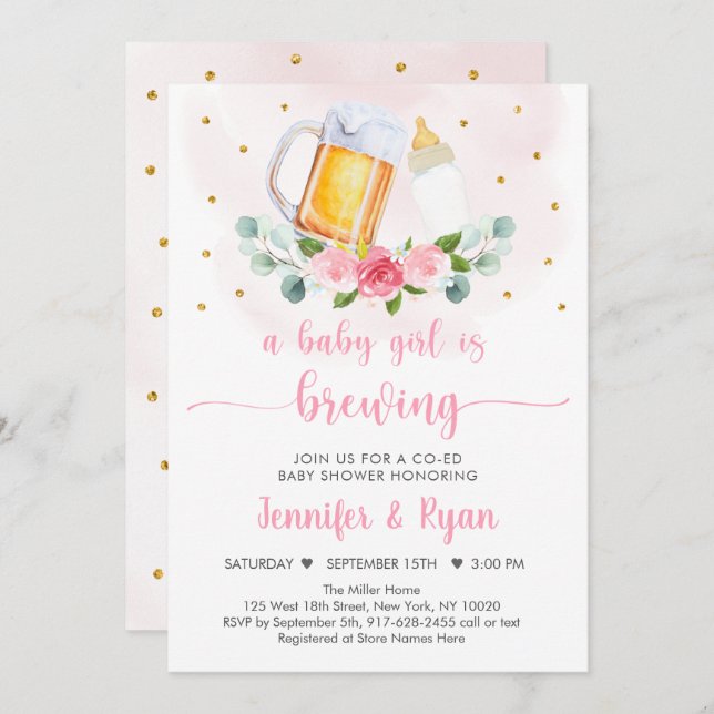 Baby Is Brewing Pink Gold Floral Baby Shower Invitation (Front/Back)