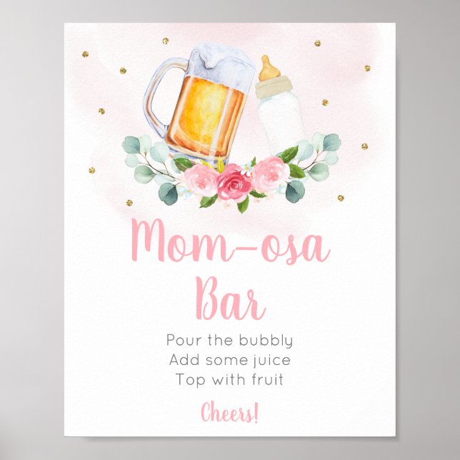 Baby Is Brewing Pink Gold Floral Mimosa Bar Sign (Front)