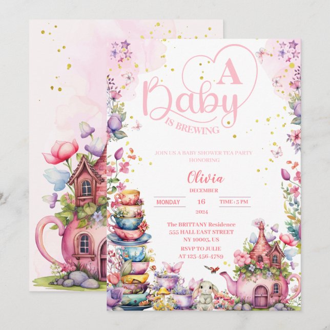  baby is brewing pink gold tea baby shower invitation (Front/Back)