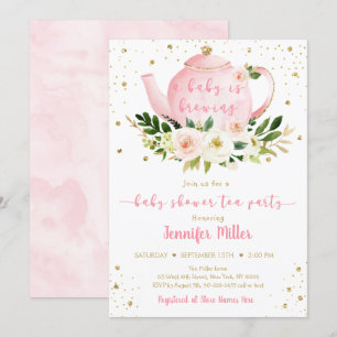 Baby Is Brewing Pink Gold Tea Party Baby Shower Invitation