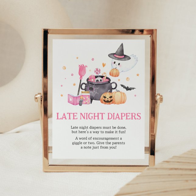 Baby is Brewing Pink Halloween Late Night Diapers Poster (Baby is Brewing Baby Shower Late Night Diapers Sign)