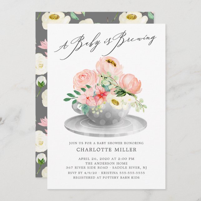 Baby Is Brewing Pink Peonies Floral Baby Tea Invitation (Front/Back)