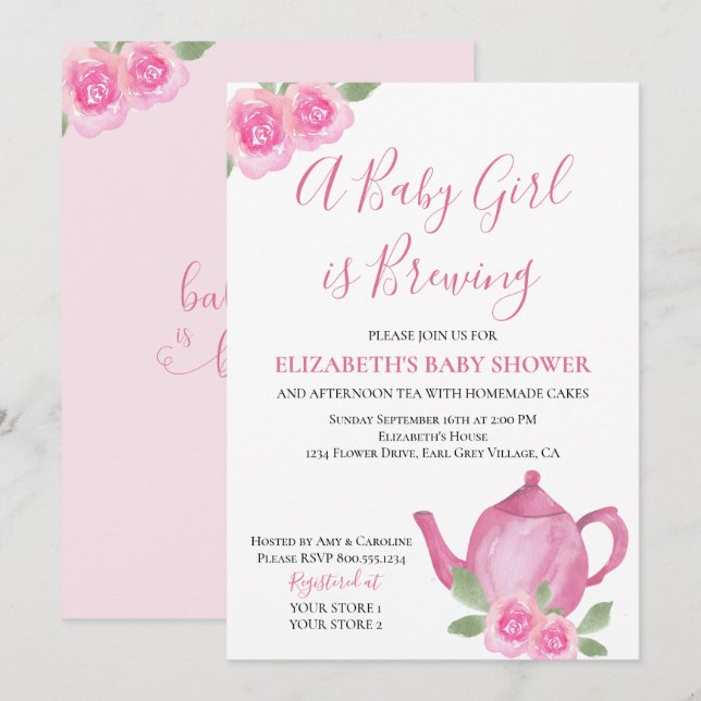 Baby is Brewing Pink Teapot Girl Baby Shower Invitation (Front/Back)