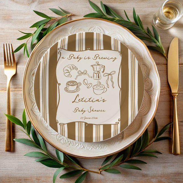Baby is brewing retro stripes coffee baby shower  paper plate (Baby is brewing vintage retro brown stripes coffee baby shower personalized printed paper plates)