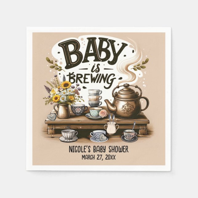 Baby is Brewing Rustic Tea Kettle Peach Shower Napkin (Front)
