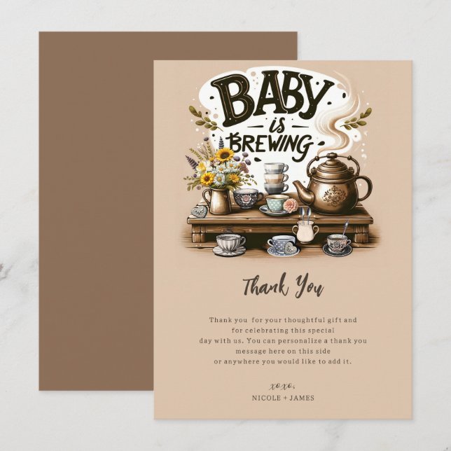 Baby is Brewing Rustic Tea Kettle Peach Thank You Invitation (Front/Back)