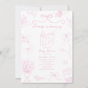 Baby Is Brewing Toile Coffee Pink Baby Shower Invitation